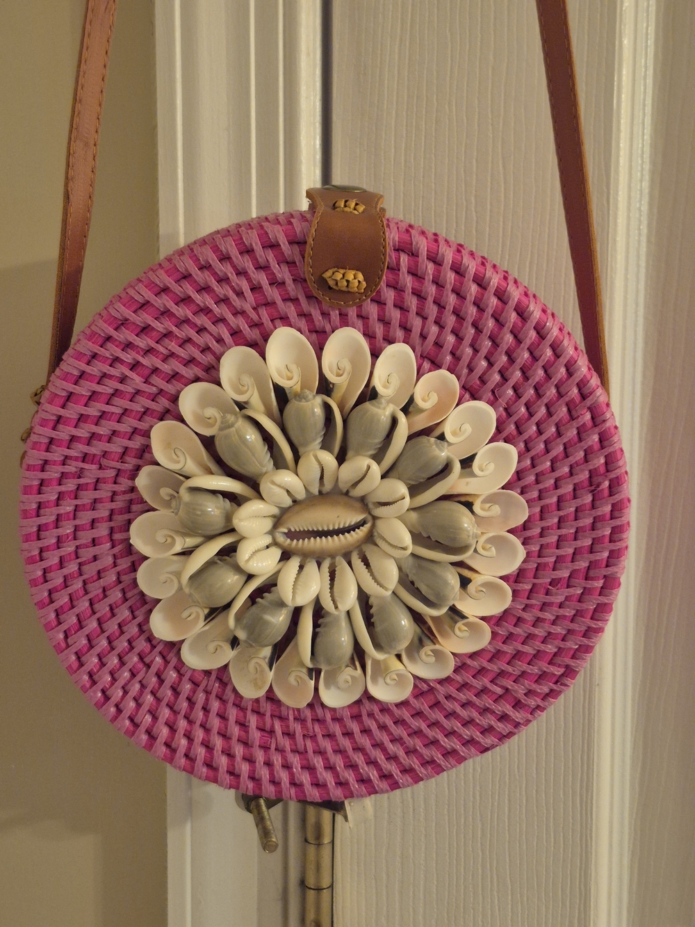 Hot Pink Round Straw Mini Crossbody with Shell Medallion